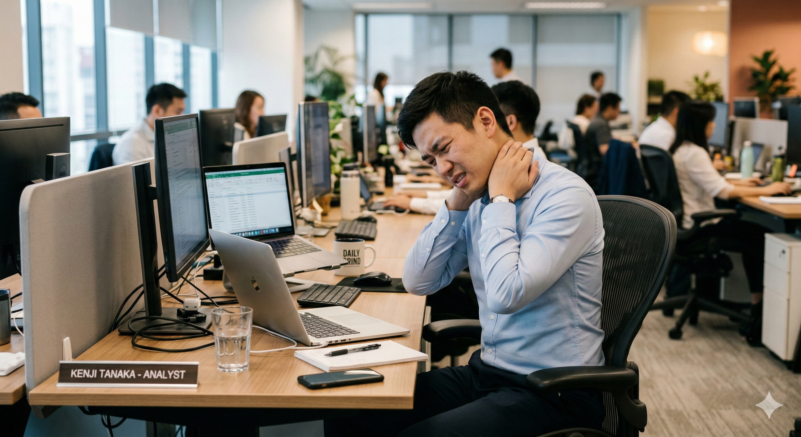 Singapore professional experiencing back pain from sitting and poor office posture at a desk