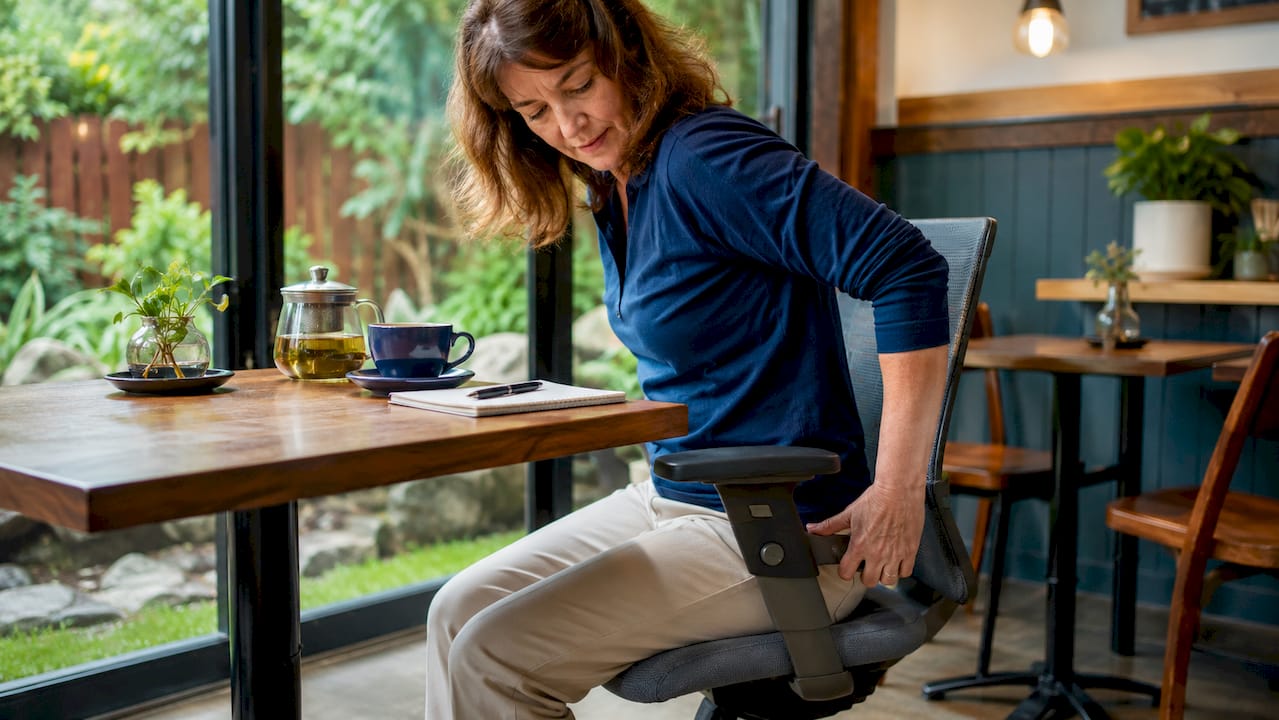 Woman adjusting chair for posture in home office