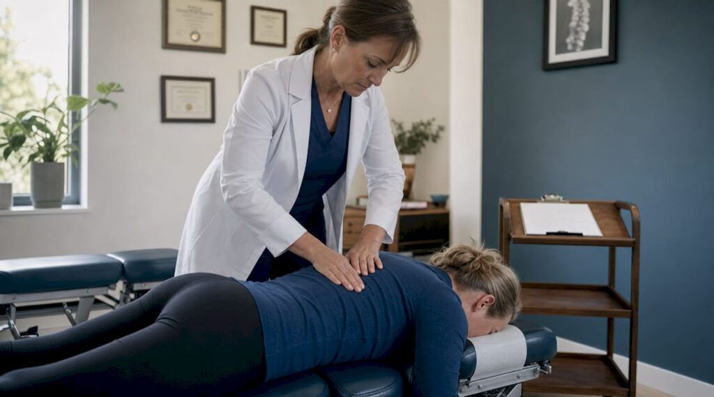 Chiropractor performing spinal adjustment on patient