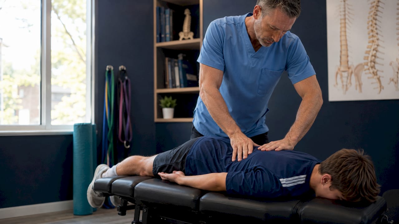 Chiropractor performing spinal adjustment on athlete