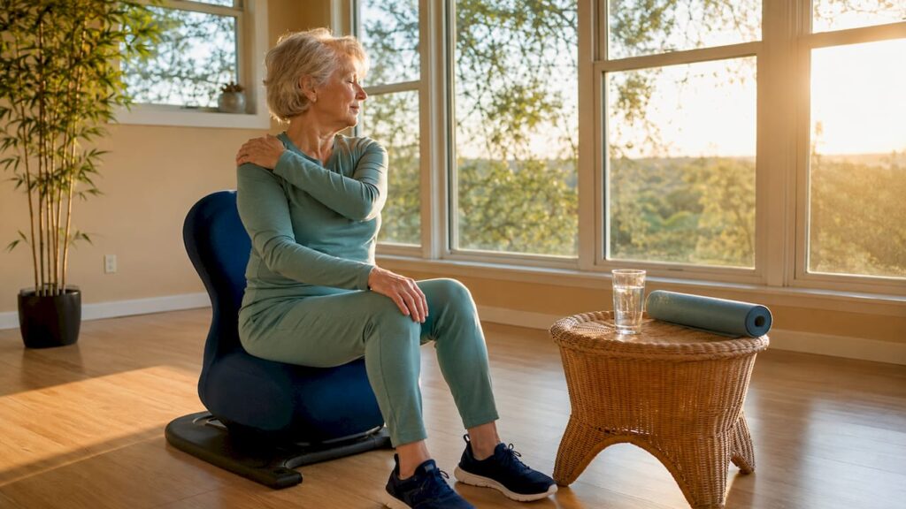Senior woman doing gentle seated spinal stretch