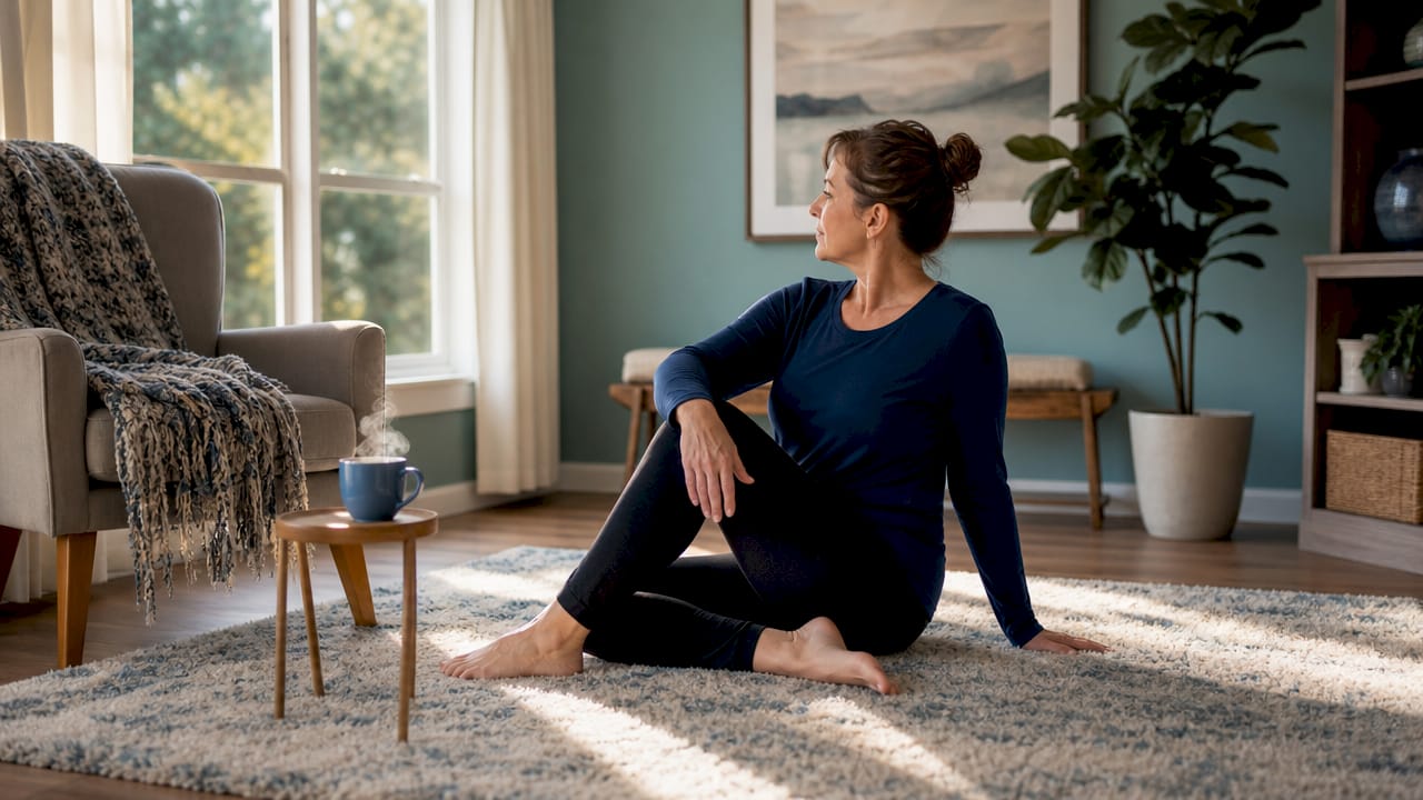 Woman doing seated spinal stretches at home desk
