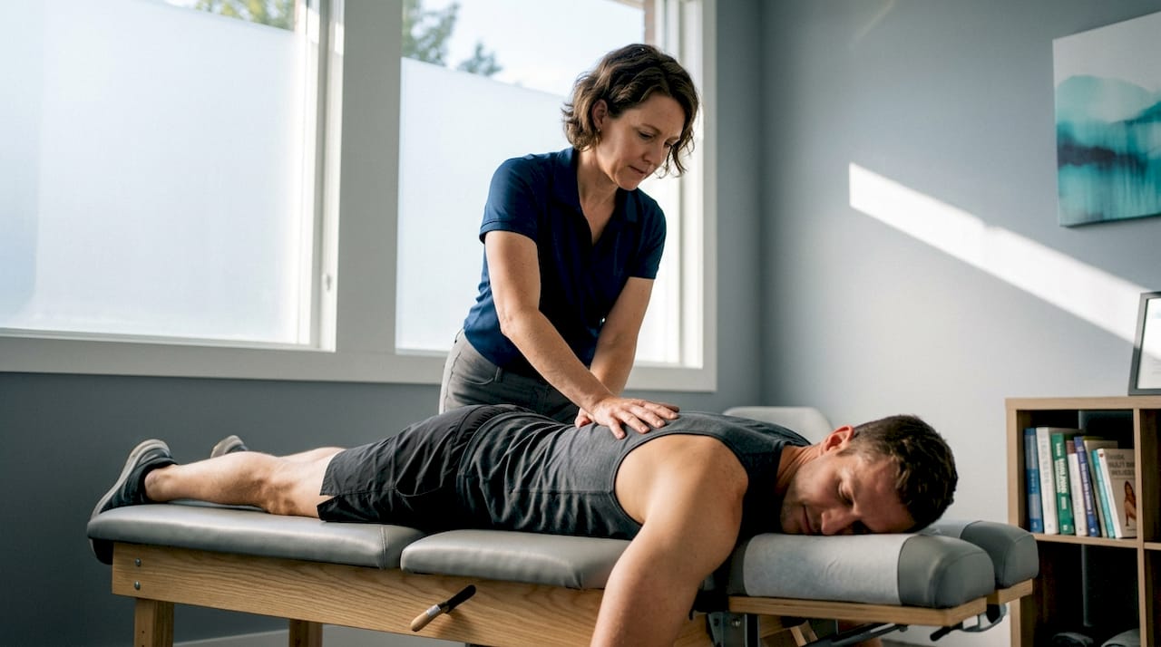 Chiropractor performing spinal adjustment on athlete