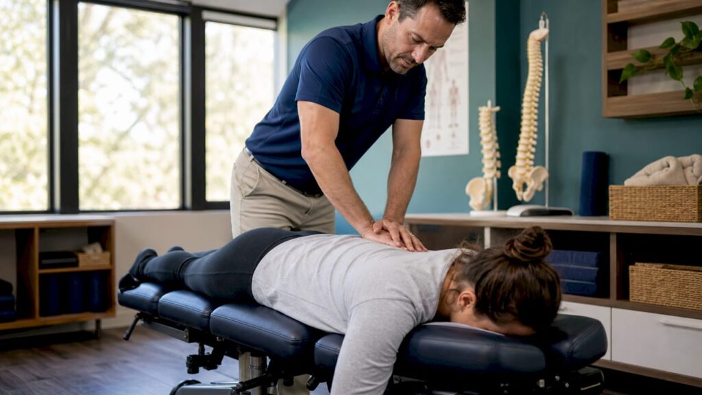 Chiropractor adjusting patient's spine in clinic