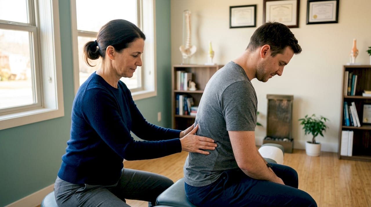 Chiropractor adjusting patient’s spine in clinic