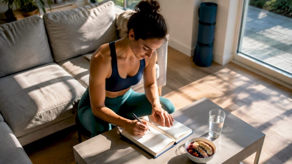 Woman filling chiropractic wellness checklist at home