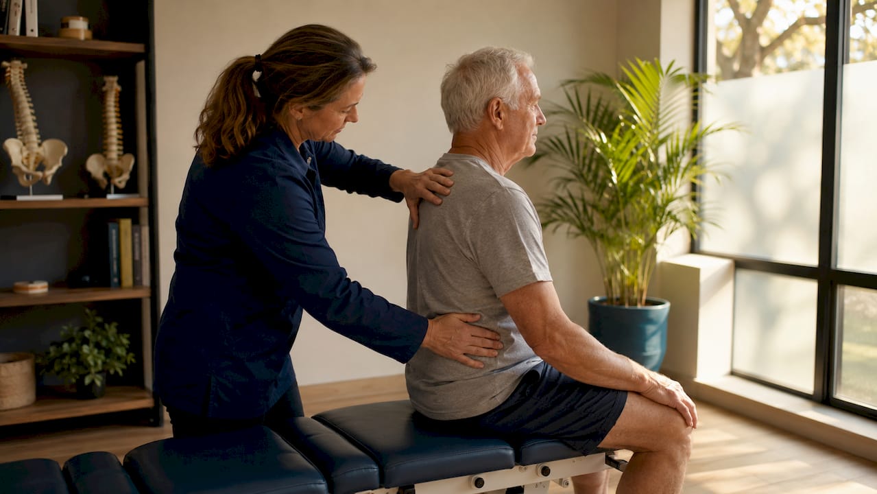 Chiropractor adjusting elderly patient’s spine