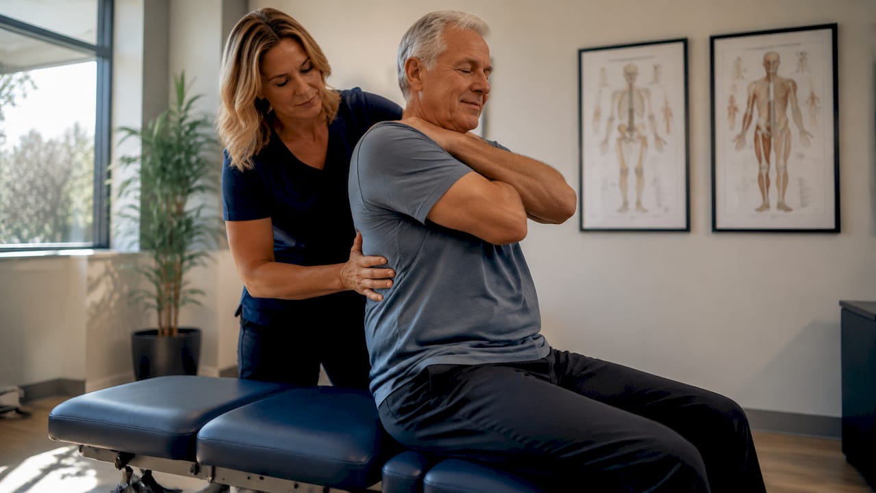 Chiropractor adjusting elderly patient spine