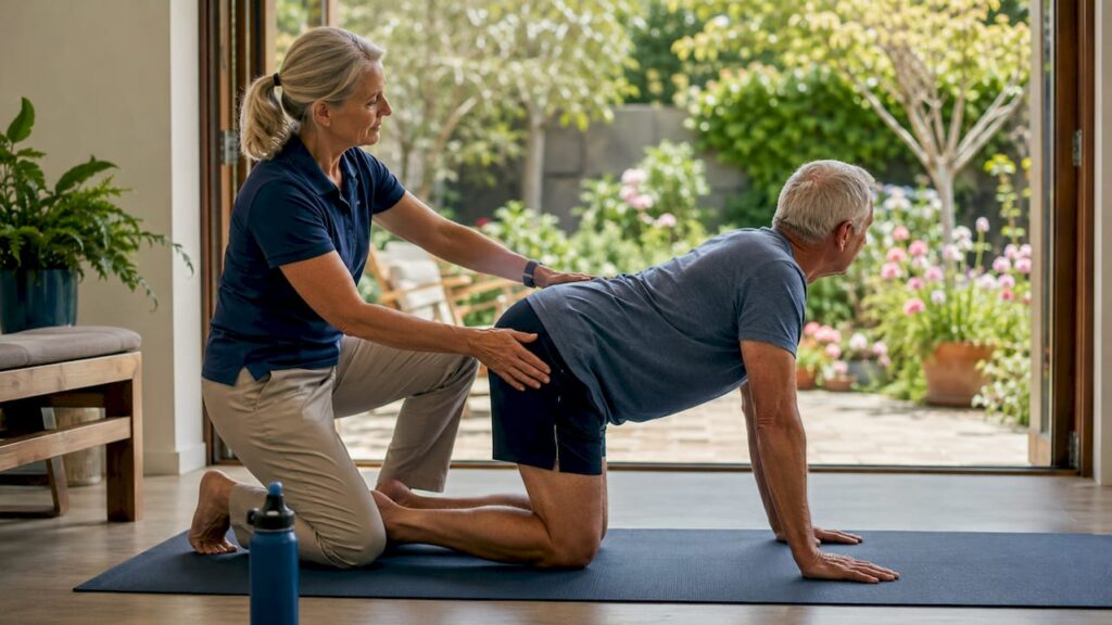 Therapist assisting senior with spine mobility test