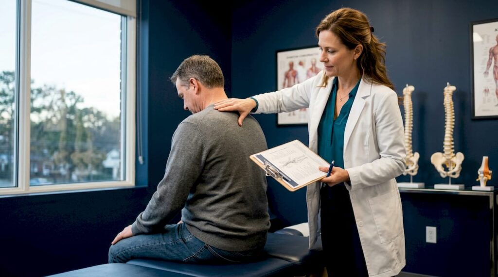 Chiropractor examining patient’s spine in clinic