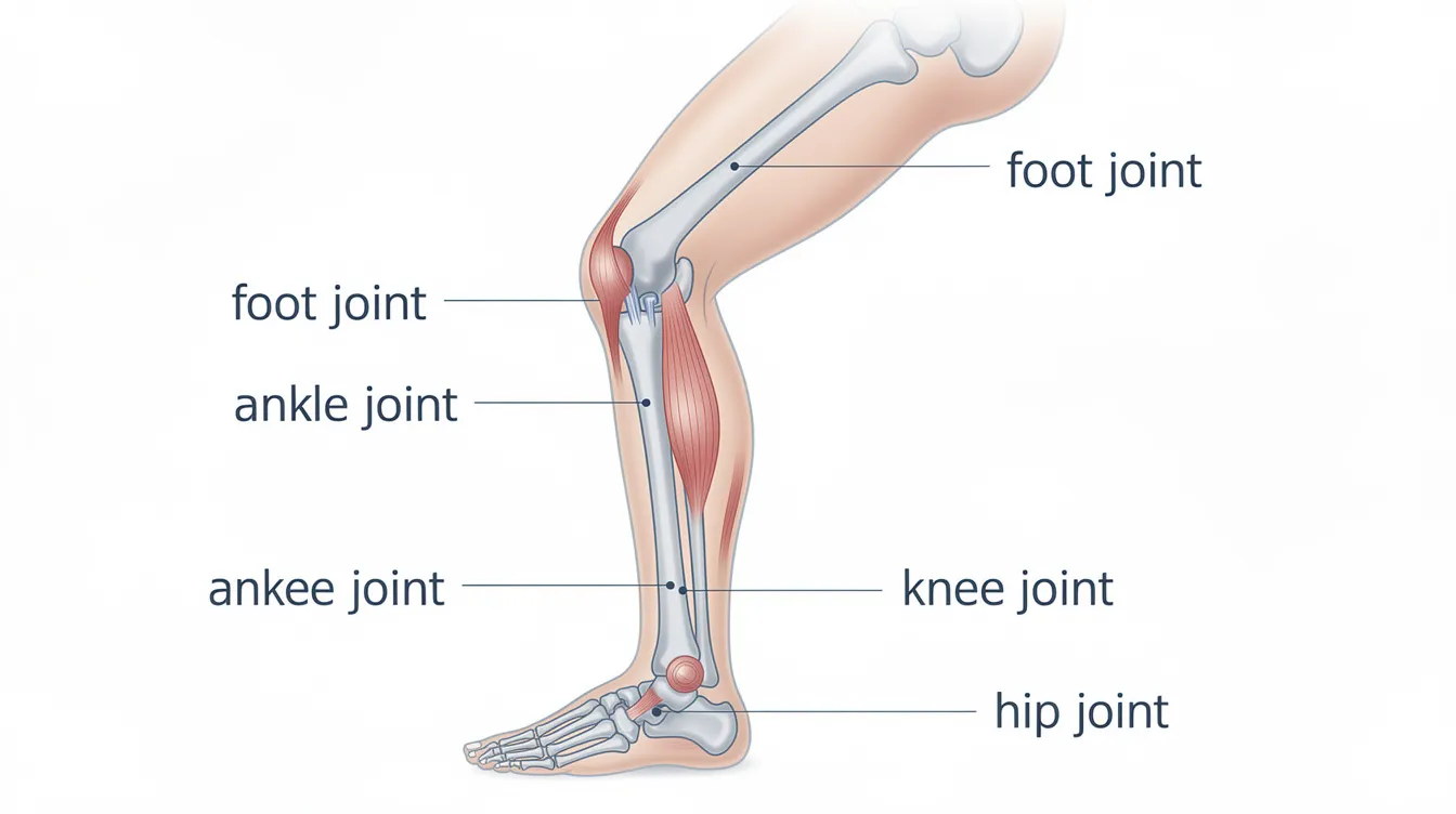 The image depicts an anatomical diagram illustrating the interconnected lower body joints, including the foot, ankle, knee, and hip, highlighting the biomechanics of walking and how poor biomechanics can contribute to knee pain and gait abnormalities. This visual serves as a reference for understanding the relationship between these joints and their impact on movement and balance.