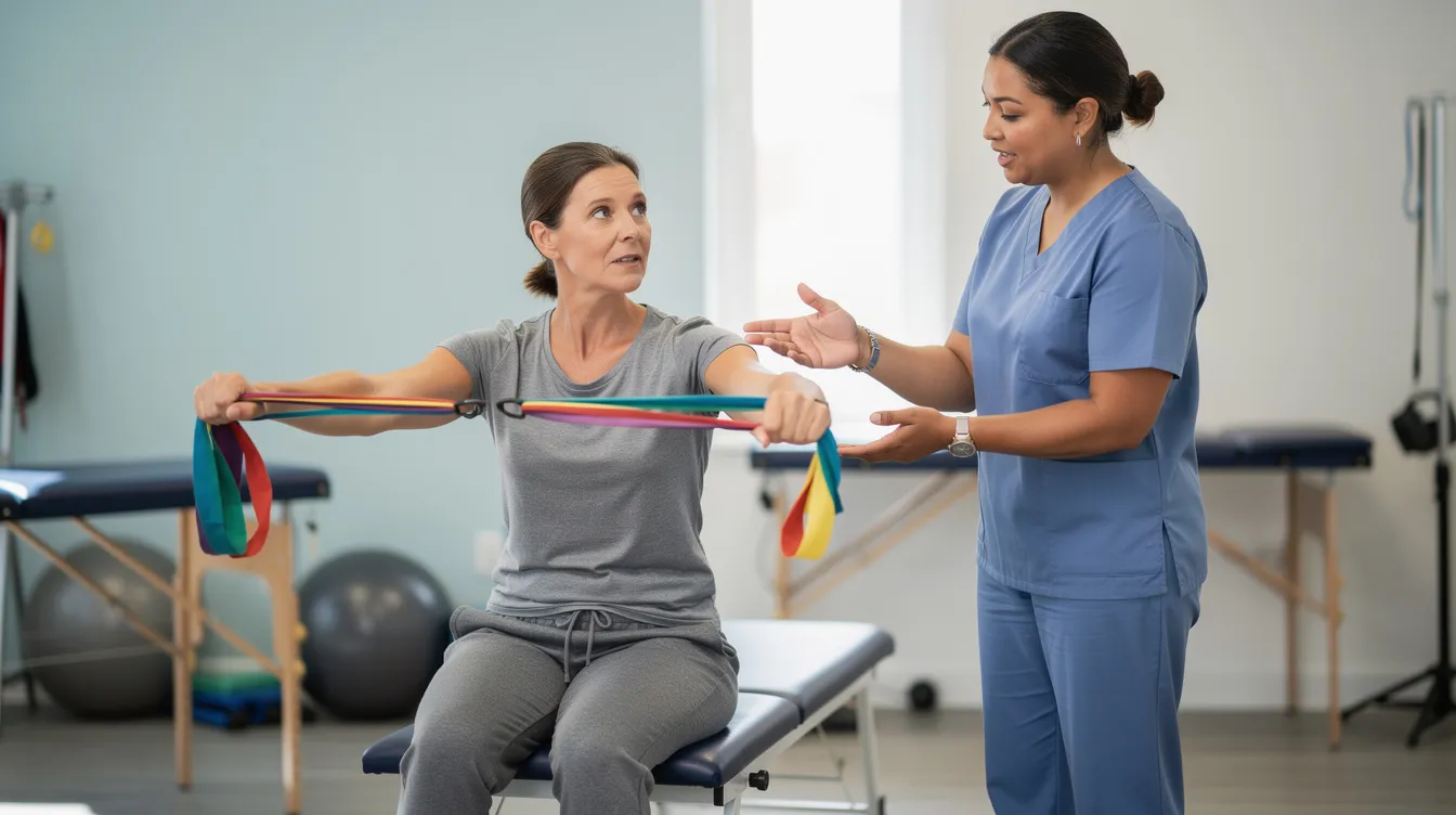 A patient is engaged in guided low-impact exercises using resistance bands in a rehabilitation setting, focusing on strengthening muscles that support joints and reduce stiffness. This approach promotes healing and improves function, which is essential for managing chronic pain and enhancing daily life activities.