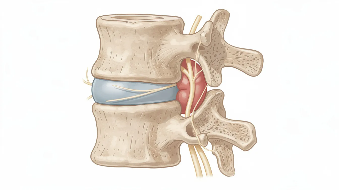 The image depicts a cross-sectional view of a lumbar vertebra, illustrating a herniated disc that is compressing a nerve root, which can lead to severe symptoms such as sciatic nerve pain, leg pain, and muscle weakness. This visual representation highlights the impact of nerve compression on spinal health and the potential for debilitating pain associated with conditions like sciatica.