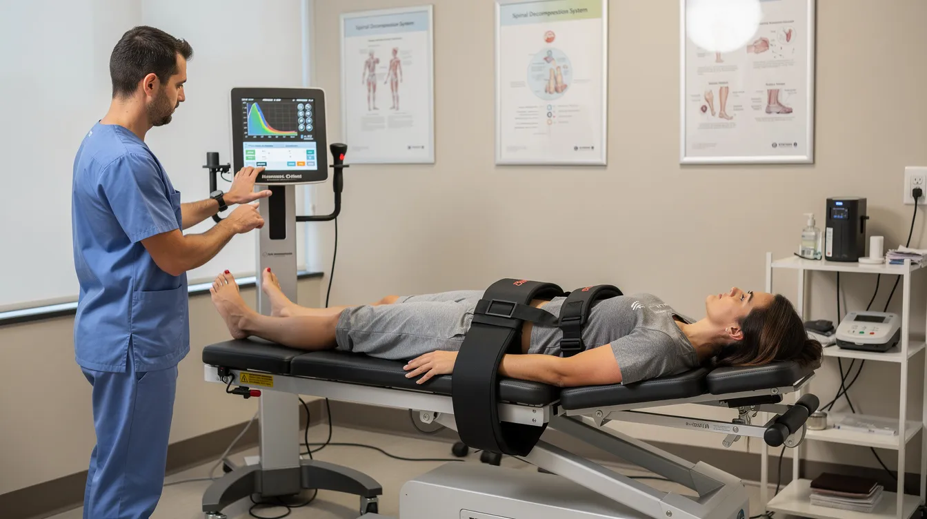 A patient is lying comfortably on a computerized spinal decompression table, equipped with a pelvic harness, while a practitioner adjusts the digital controls to initiate spinal decompression therapy. This treatment aims to relieve pressure on herniated discs and alleviate chronic back pain through gentle stretching and creating negative pressure in the spinal column.