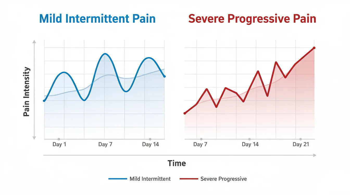 The image is a diagram illustrating the differences between mild intermittent pain patterns and severe progressive pain patterns over time, specifically in relation to sciatica symptoms. It highlights aspects such as the sciatic nerve pathway, nerve compression, and associated symptoms like leg pain and muscle weakness, providing a visual representation of how pain severity can evolve in conditions like herniated discs or spinal stenosis.