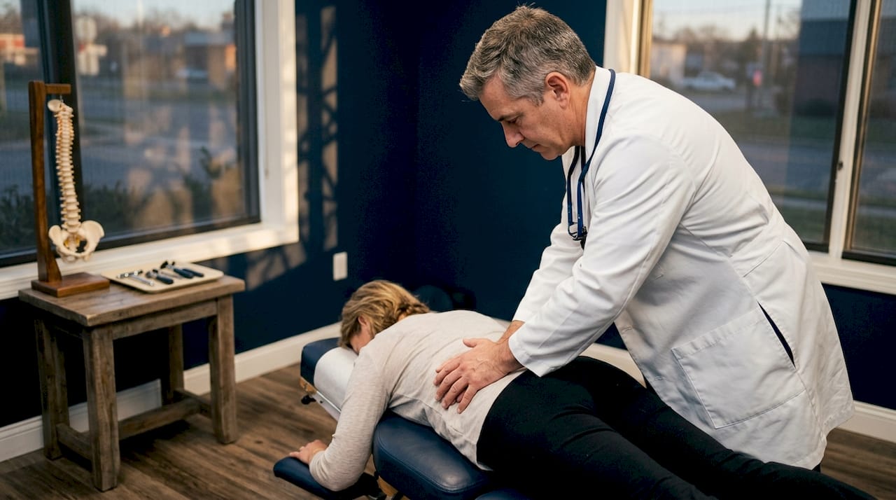 Chiropractor performing spinal adjustment on patient