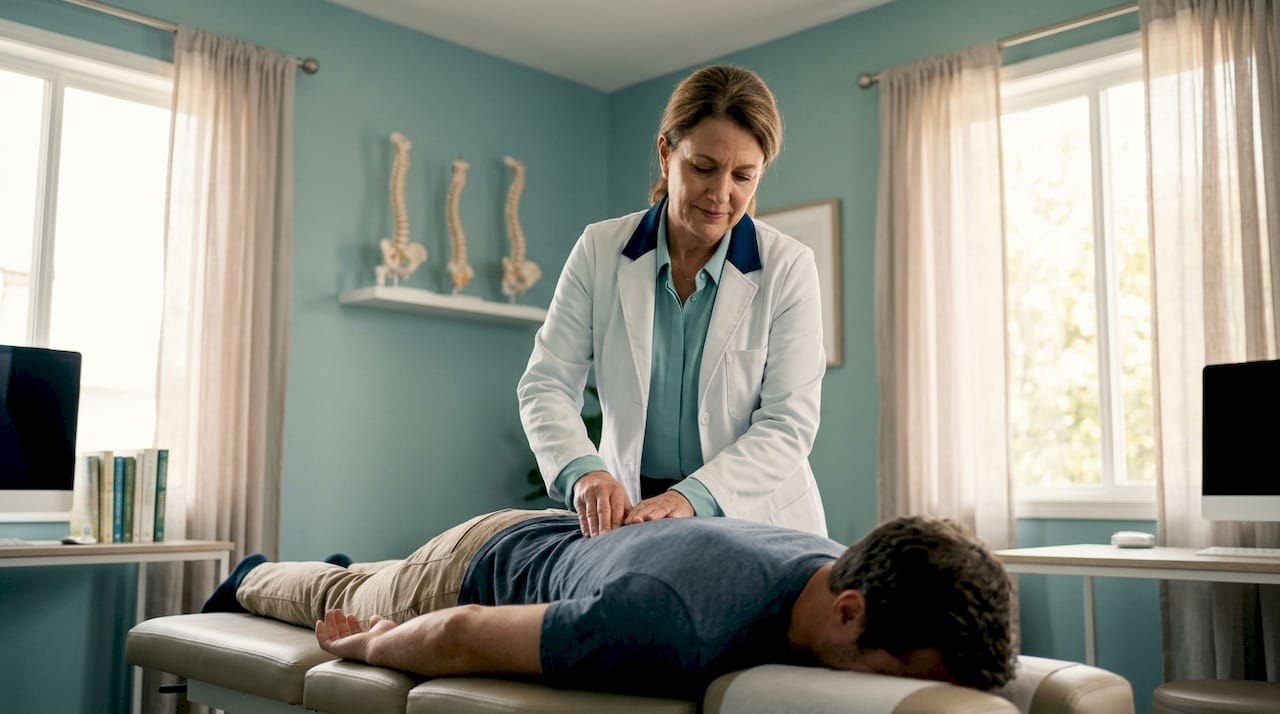 Chiropractor performing spinal adjustment on patient