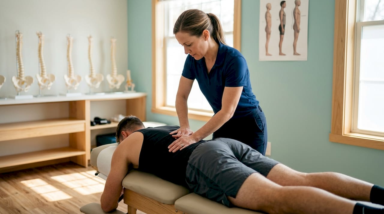 Chiropractor adjusting athlete's spine in clinic