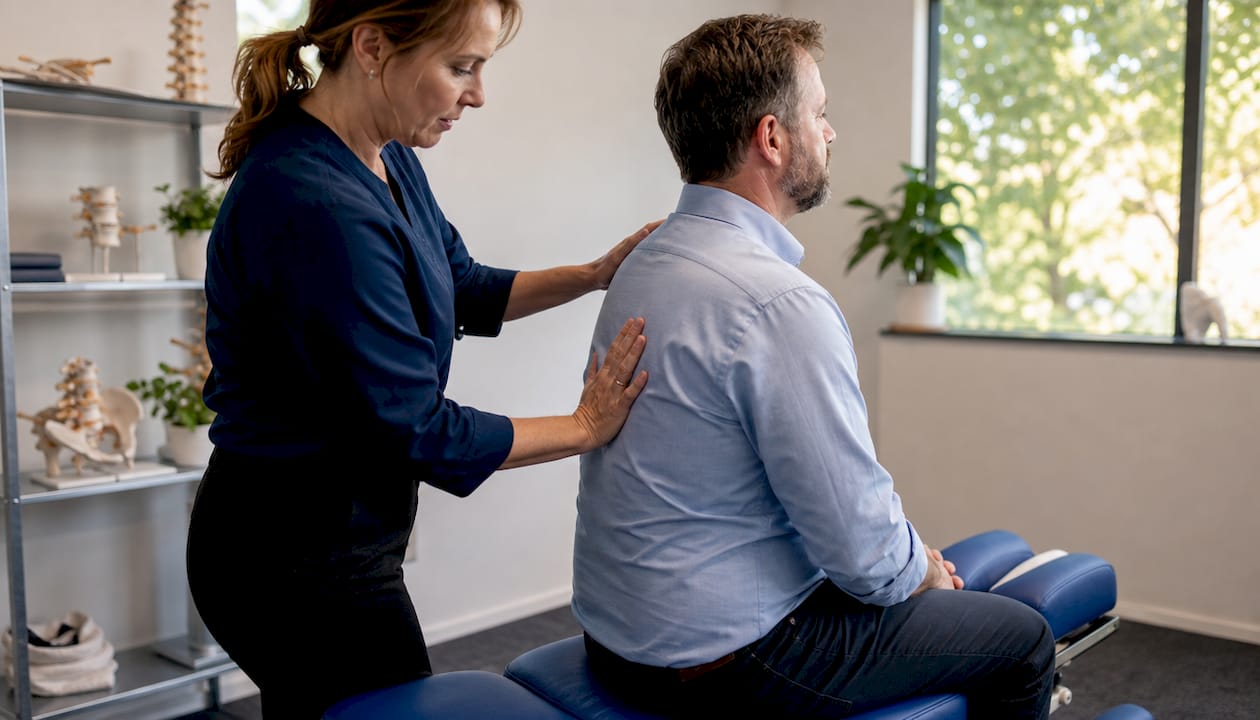 Chiropractor adjusting desk worker's spine in clinic