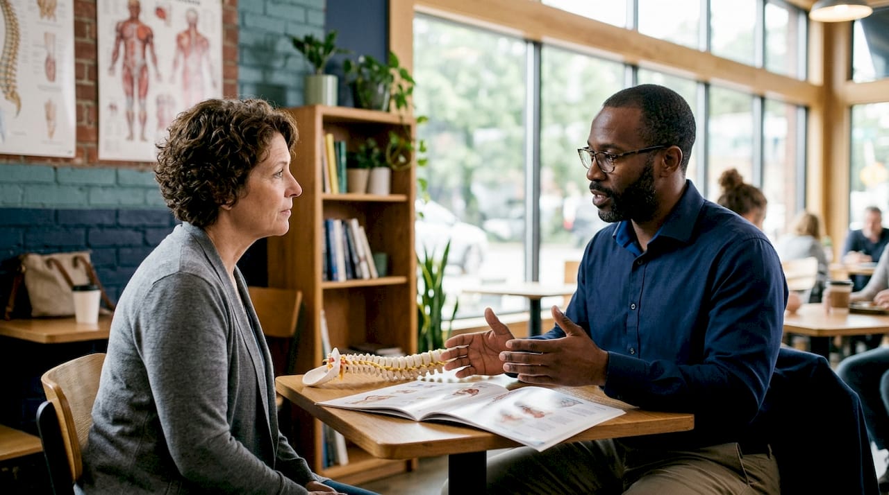 Patient consulting chiropractor in clinic