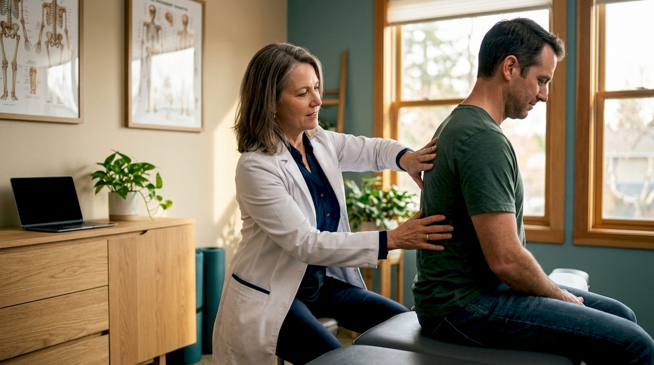 Chiropractor assessing patient's spinal mobility