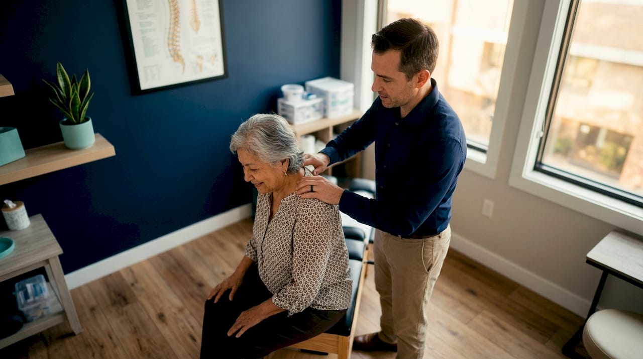 Chiropractor adjusting senior woman's back