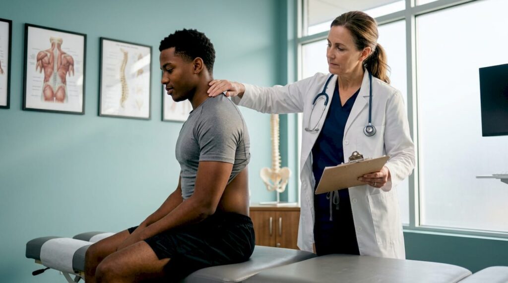 Athlete receiving chiropractic spinal adjustment