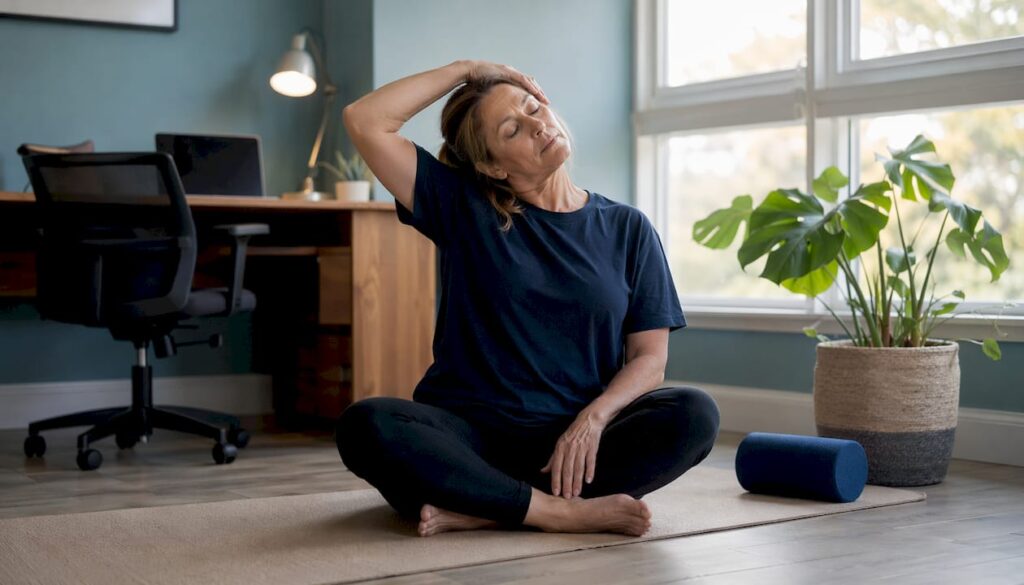 Woman stretching neck at home on yoga mat