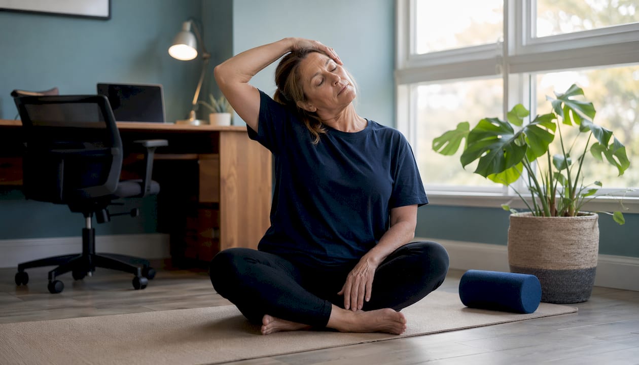 Woman stretching neck at home on yoga mat
