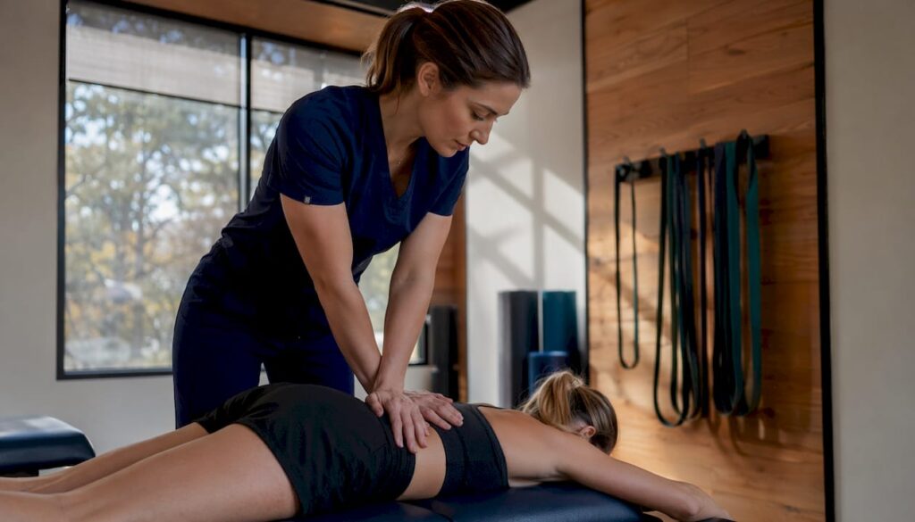 Chiropractor performing spinal adjustment on athlete