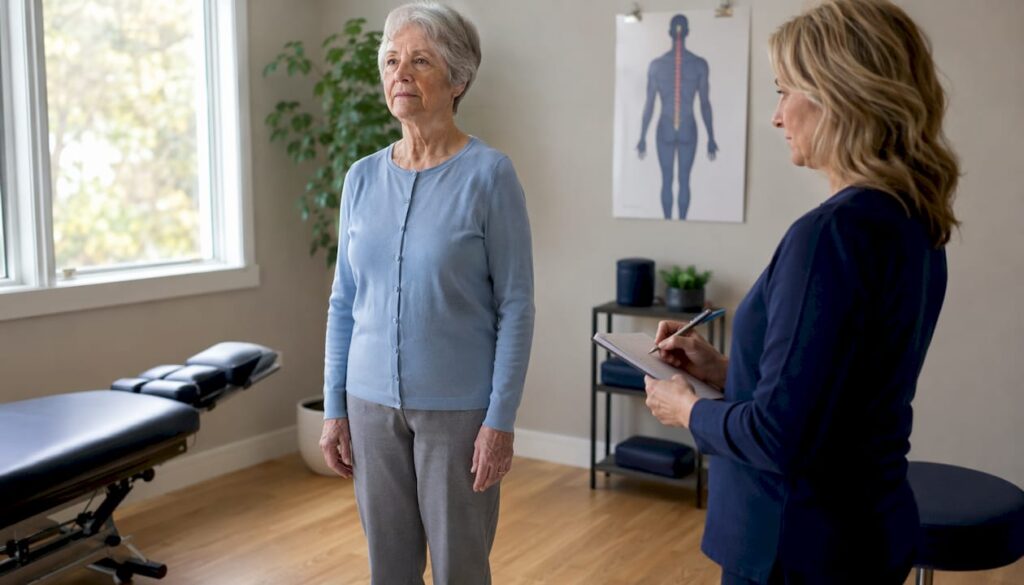 Senior woman undergoing chiropractic balance check