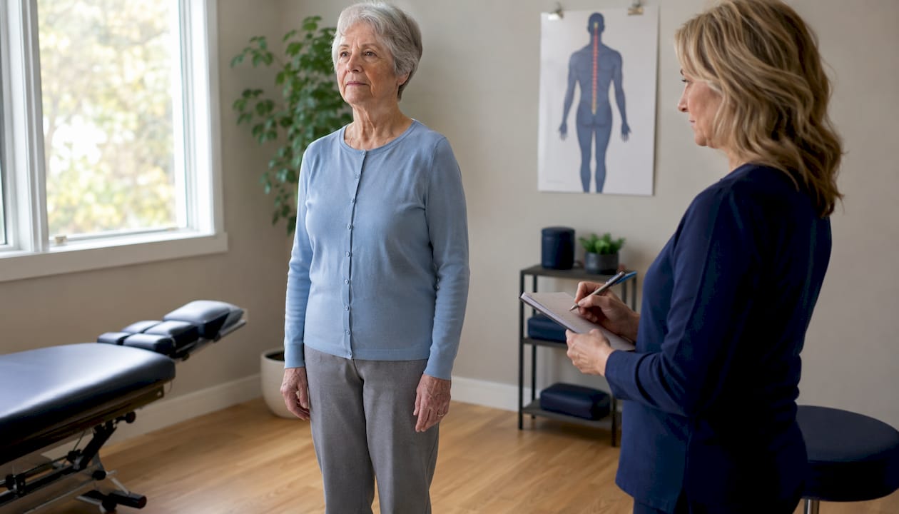 Senior woman undergoing chiropractic balance check