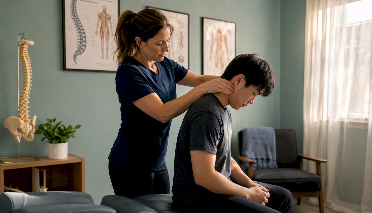 Chiropractor adjusting patient’s neck for tech neck