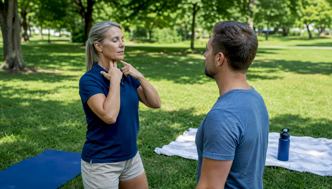 Patient performing neck posture exercise guided by therapist