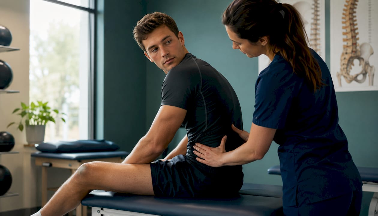 Sports therapist assessing athlete's lower back