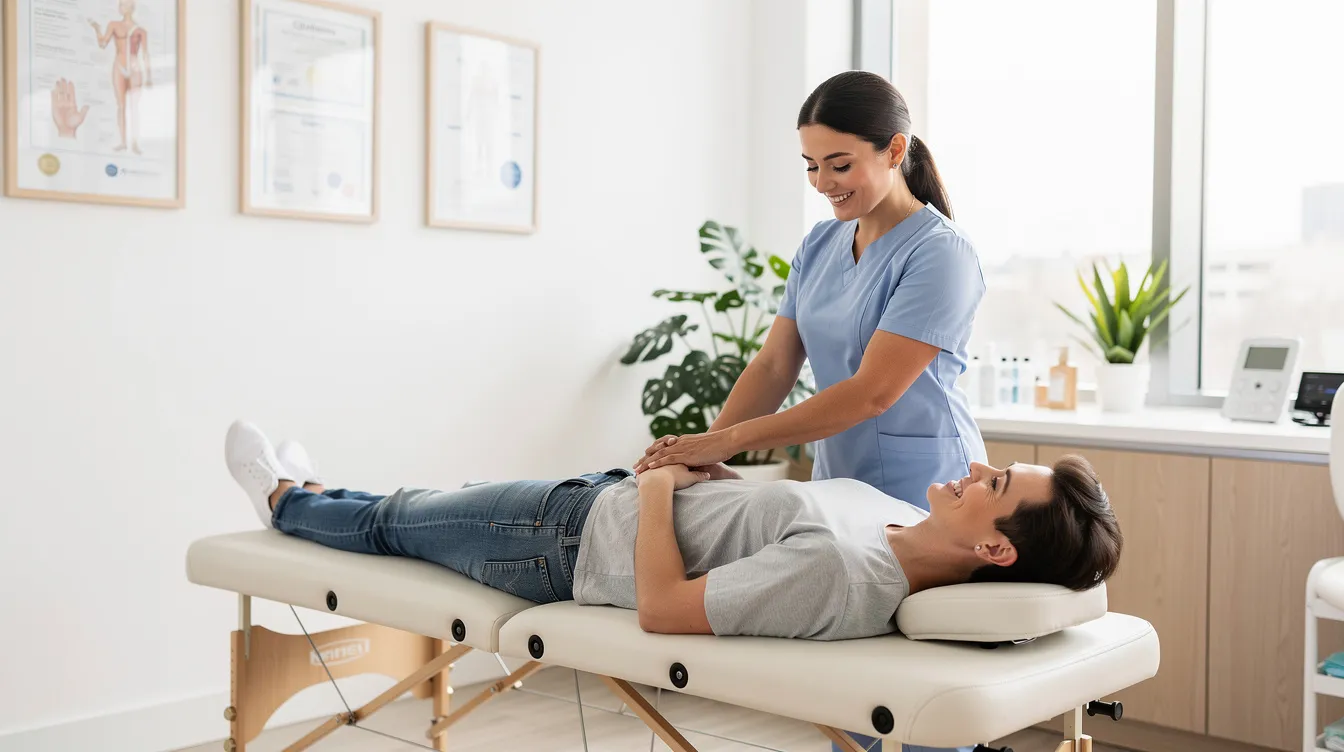 A smiling patient is receiving chiropractic care in a bright, modern clinic, showcasing the comfort and effectiveness of personalized chiropractic treatments. The session emphasizes the importance of a customized chiropractic care plan tailored to the individual's health history and wellness goals, promoting overall health and pain relief.