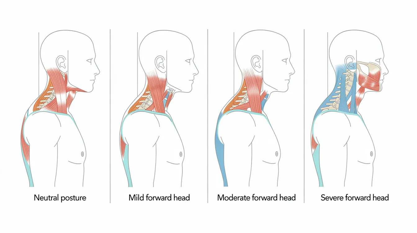 The image depicts a progressive four-stage illustration showing the movement of head position forward in relation to shoulder alignment, highlighting the resulting muscle tension and weakness at each stage. This visual representation emphasizes how poor posture, particularly forward head posture, can lead to chronic pain conditions and muscle imbalances, affecting both physical health and overall well-being.