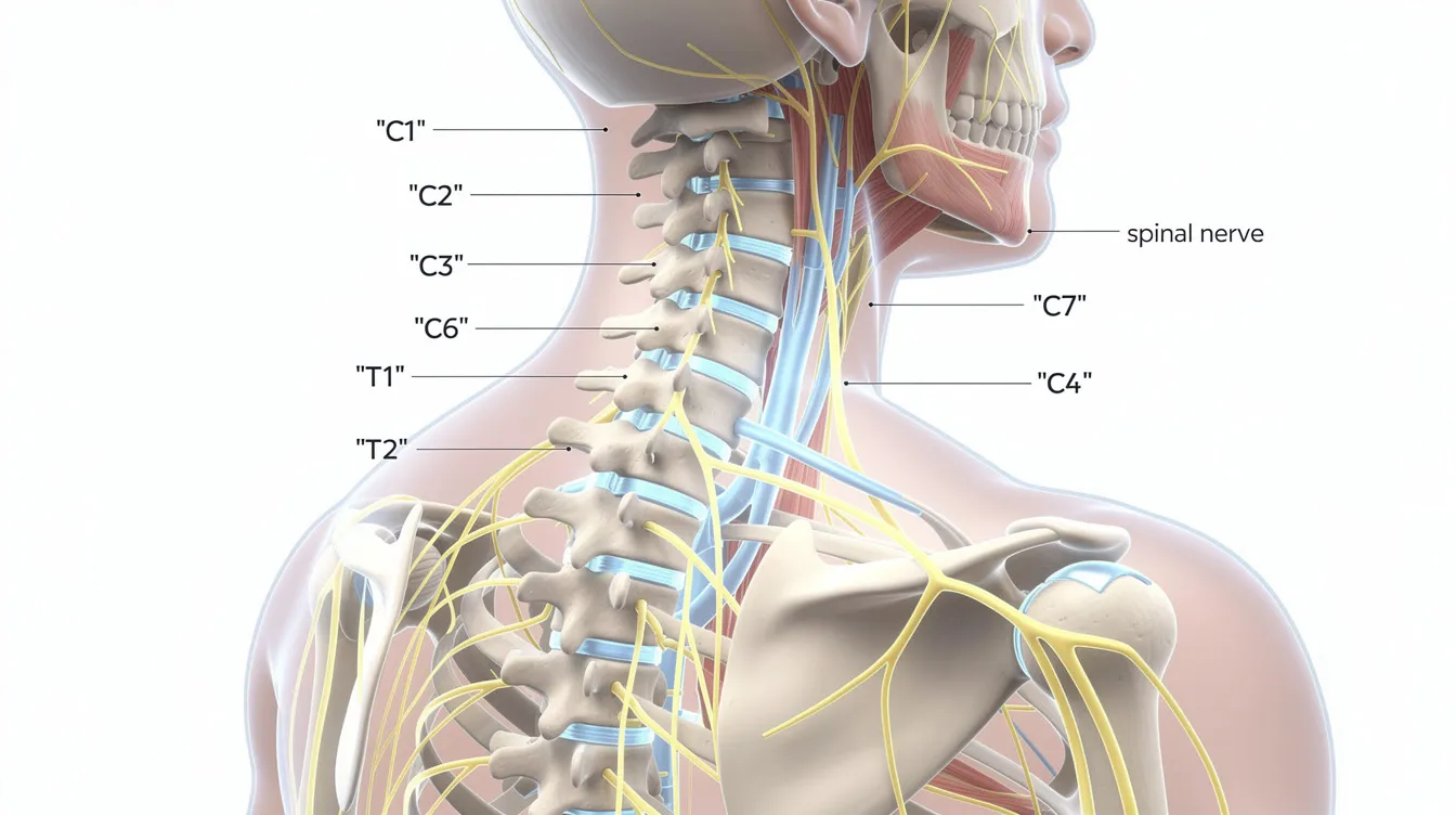 The image depicts an anatomical side view of a person's neck and upper spine, with highlighted vertebrae and nerve pathways, illustrating the structure that may contribute to migraine headaches and other headache disorders. This detailed representation emphasizes the connection between the nervous system and common migraine triggers, such as physical strain and stress, which can worsen migraine symptoms.