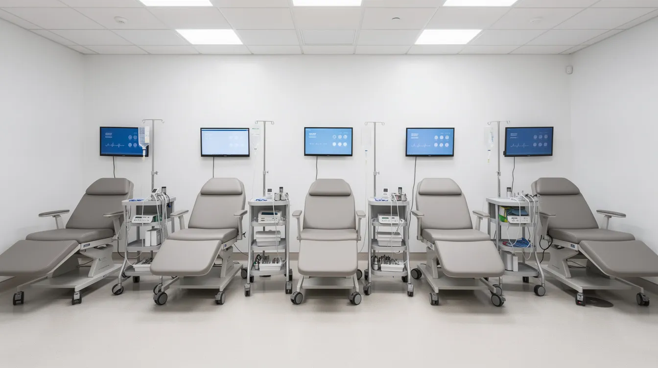 The image depicts a generic treatment room featuring rows of identical chiropractic equipment stations, designed to facilitate various chiropractic treatments aimed at pain relief and spinal health. This setup allows qualified chiropractors to implement personalized chiropractic care plans for patients seeking to improve their overall well-being and manage chronic pain effectively.