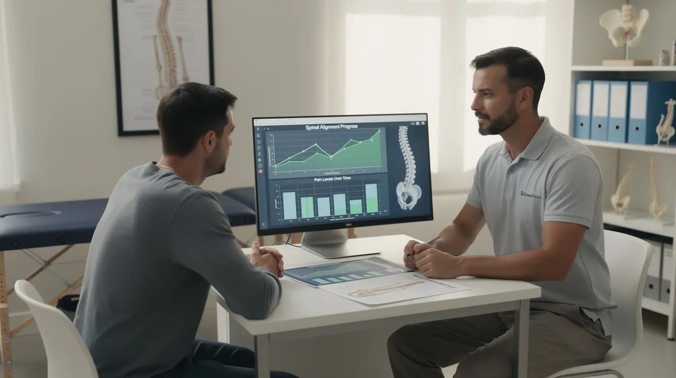 A patient is engaged in a follow-up consultation with their chiropractor, reviewing progress charts that illustrate their treatment outcomes. This interaction emphasizes the importance of clinical reasoning skills in evaluating patient information and developing effective treatment plans.