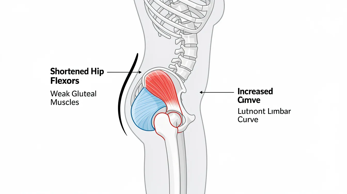 This side-view anatomical illustration depicts anterior pelvic tilt, highlighting the shortened hip flexors and weakened gluteal muscles, along with an increased lumbar curve. Such postural imbalances can lead to chronic pain conditions and stress impacts on the musculoskeletal system, emphasizing the importance of proper alignment and targeted exercises for managing stress and improving posture.