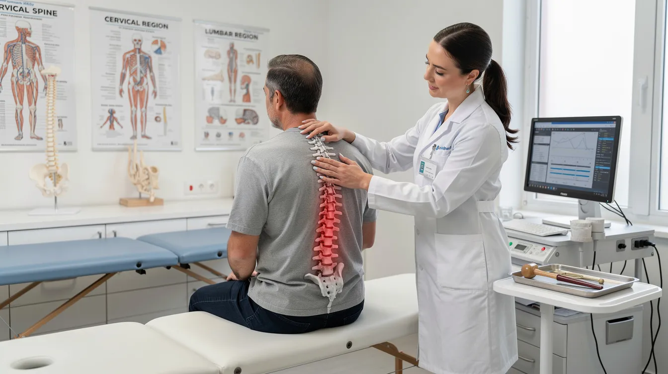 A qualified chiropractor is conducting a comprehensive spinal and neurological assessment in a well-equipped examination room, focusing on the patient's health history and physical examination to create a personalized chiropractic care plan aimed at improving spinal health and managing pain. The environment reflects a holistic approach to treatment, emphasizing the importance of customized chiropractic care for long-term wellness and effective pain relief.