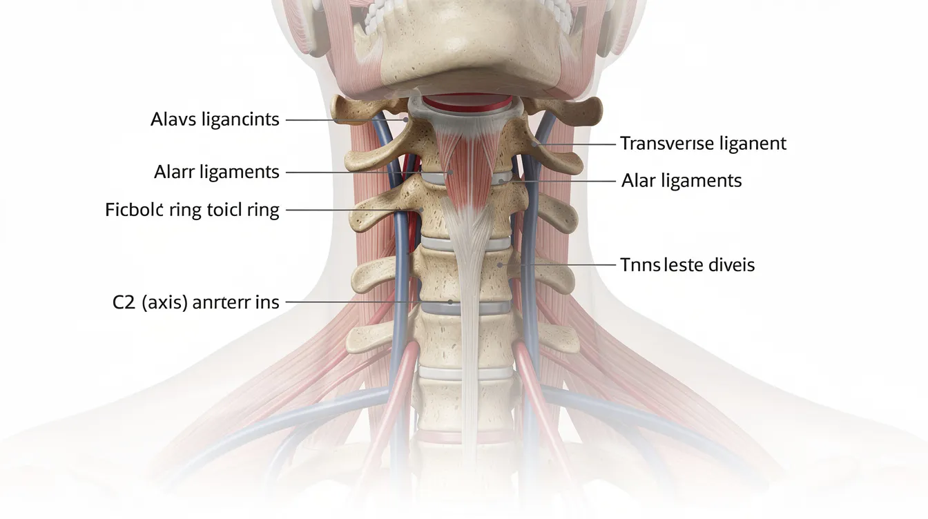 The image depicts a close-up view of the upper cervical vertebrae, specifically highlighting the alignment of the atlas and axis, along with the surrounding soft tissue structures. This anatomical illustration may help in understanding the relationship between neck alignment and headache disorders, including migraine symptoms and the potential impact of physical strain on chronic migraines.