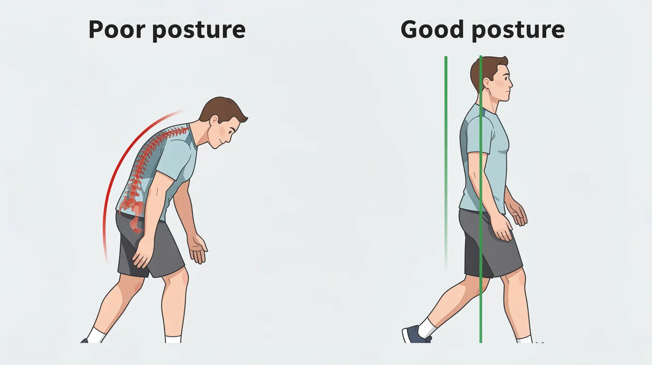 The image presents a side-by-side comparison of two walking postures: on the left, a person exhibits a rounded forward posture, while on the right, the same person demonstrates an upright aligned posture. This visual highlights the importance of maintaining proper posture for mobility and health, especially for older adults in the context of active ageing and reducing the risk of mobility issues.