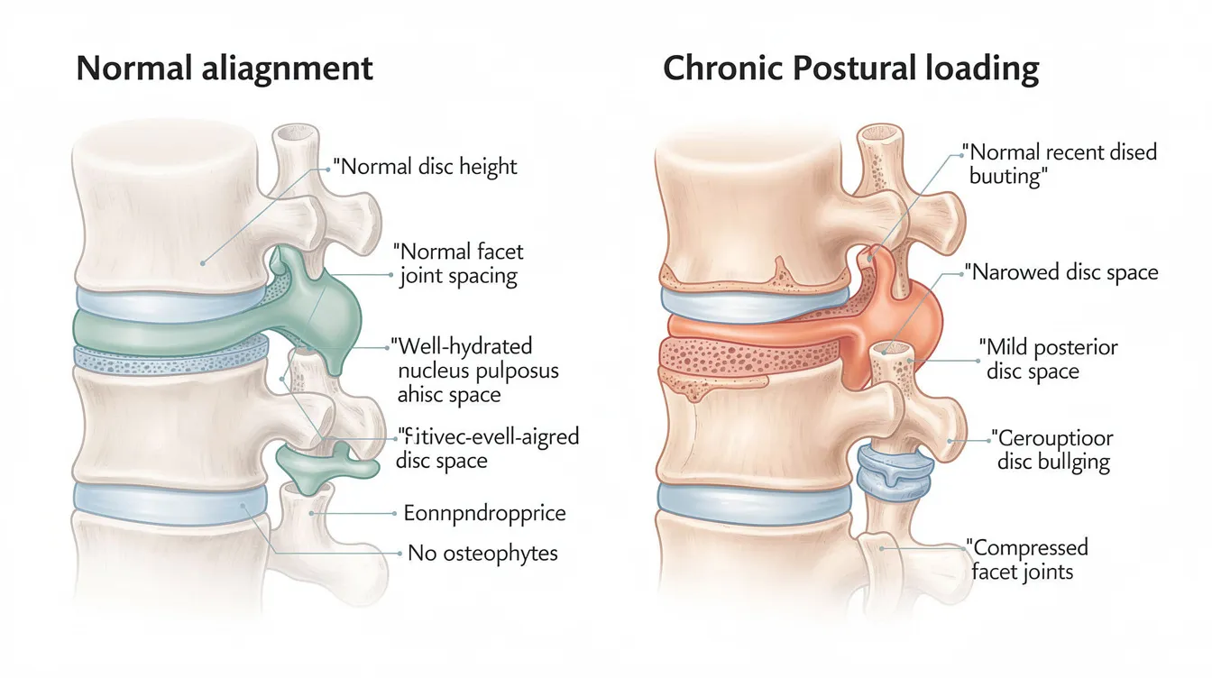 The image depicts a cross-section of a spinal segment, illustrating the contrast between normal joint spacing and the effects of chronic postural stress, which leads to compressed facet joints and narrowed disc space. This visual representation highlights how poor posture, such as forward head position and rounded shoulders, can contribute to chronic pain conditions and musculoskeletal adaptations over time.