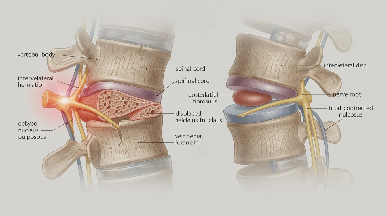 The image depicts an anatomical cross-section of the lumbar spine, illustrating a herniated disc pressing against a nerve root alongside a healthy, decompressed disc with normal spacing. This comparison highlights the effects of spinal compression and the potential benefits of spinal decompression therapy in relieving pressure and alleviating pain associated with conditions like sciatica and chronic back pain.