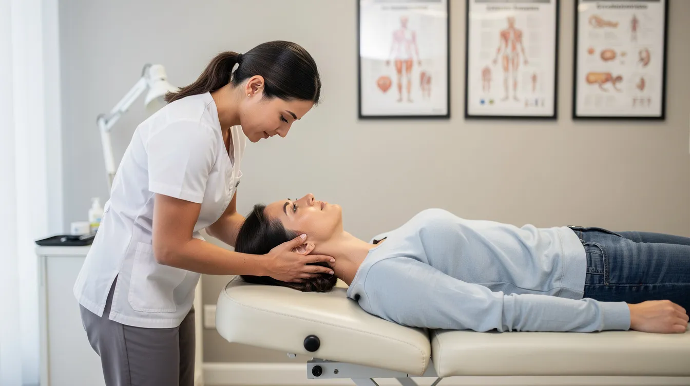 A chiropractor is gently performing an upper cervical adjustment on a patient who is lying on a treatment table, focusing on alleviating headache pain and addressing potential migraine triggers. The scene emphasizes the importance of proper neck alignment in managing chronic migraine symptoms and improving overall nervous system function.