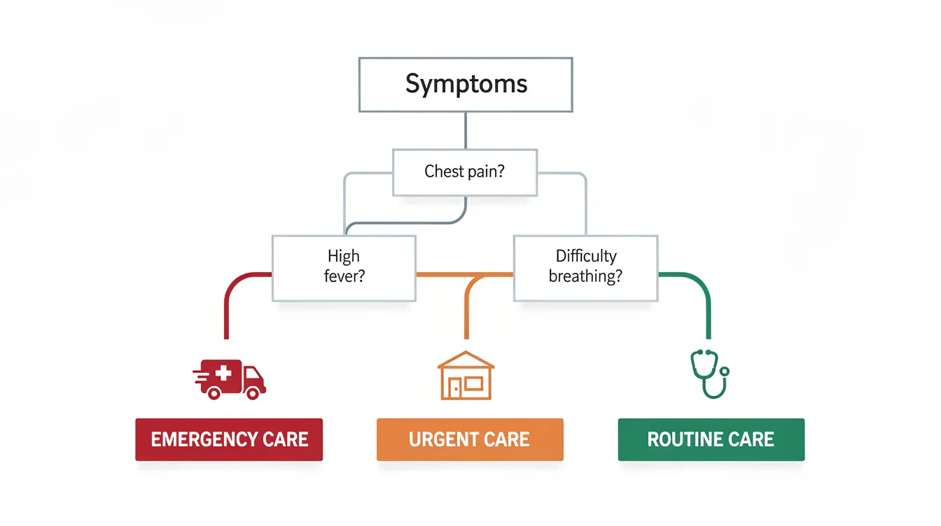 The image is a decision tree graphic illustrating various symptom pathways related to sciatica, leading to recommendations for emergency, urgent, or routine care. It highlights key factors such as severe pain, muscle weakness, and associated symptoms that can indicate the seriousness of sciatica conditions, including nerve compression and significant leg weakness.