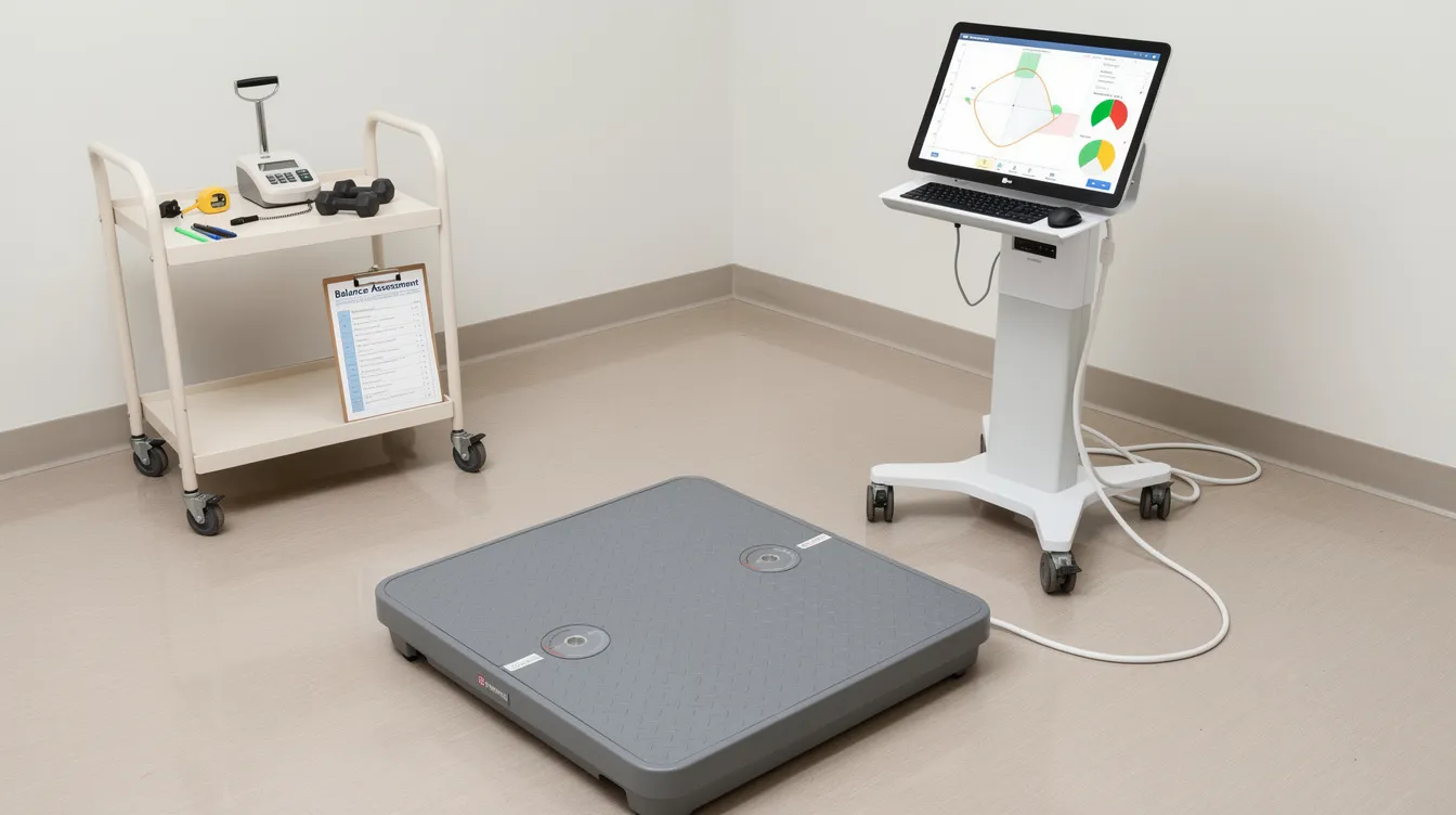 The image features a balance testing setup, including a stabilometry platform and various assessment tools designed to evaluate static and dynamic balance. This equipment plays a vital role in fall prevention strategies, particularly for older adults, by identifying risk factors and improving overall balance to reduce the risk of falls.