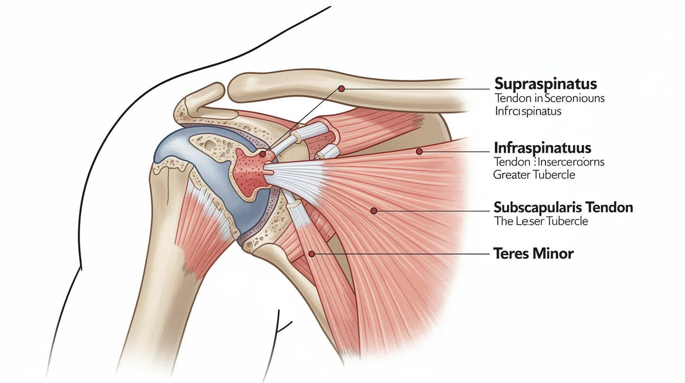 An anatomical illustration depicts the rotator cuff muscles, including the supraspinatus, infraspinatus, subscapularis, and teres minor, with marked locations of common rotator cuff injuries. This image highlights the shoulder joint and its muscles, emphasizing the importance of understanding shoulder pain and potential conditions like rotator cuff tears and frozen shoulder.
